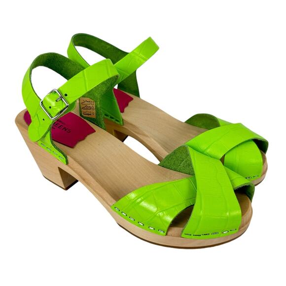 Swedish Hasbeens NWOB Mirja Neon Green Croc Print Leather Wood Heel Sandals - Picture 7 of 11